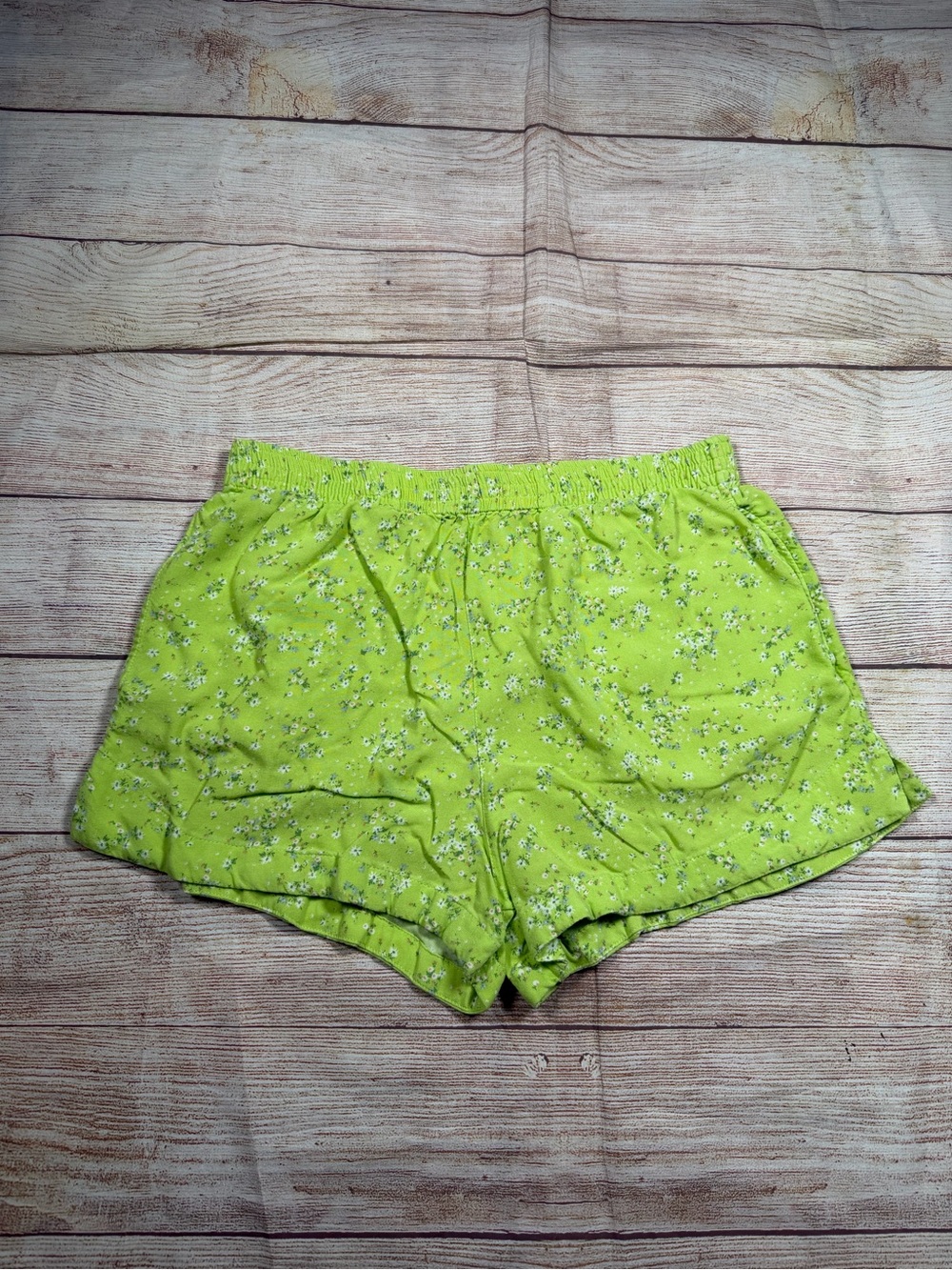 Women's Lime Green Micro Floral Elastic-Waist Shorts